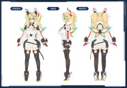 Rule 34 | armor, belt, blonde hair, blue eyes, blush, breasts, character sheet, cleavage, concept art, gene (pso2), gloves, large breasts, multiple views, phantasy star, phantasy star online 2, sweater, thighhighs, thighs, twintails
