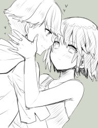 Rule 34 | 10s, 1boy, 1girl, bad id, bad pixiv id, bare shoulders, blush, couple, eye contact, face-to-face, finger marks, frown, green theme, grey background, heart, hetero, hood, hoodie, imminent kiss, kaburagi sui, looking at another, monochrome, nishio rina, ootani mikoto, short sleeves, simple background, sketch, smile, soukyuu no fafner, tank top, upper body