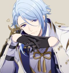 Rule 34 | 1boy, arm guards, armor, artist name, black gloves, blue hair, closed mouth, commentary request, genshin impact, gloves, gold trim, grey background, hair between eyes, half gloves, hands up, head tilt, heart, highres, interlocked fingers, jacket, japanese armor, japanese clothes, kamisato ayato, kimono, lapels, long sleeves, looking at viewer, male focus, medium hair, mmmgnsn, mole, mole under mouth, open clothes, open jacket, own hands together, parted bangs, purple eyes, purple kimono, rope, shoulder armor, sidelocks, simple background, single sode, smile, sode, solo, swept bangs, tassel, twitter username, upper body, white jacket