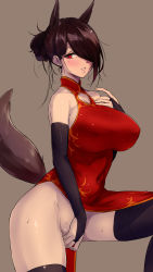 Rule 34 | 1girl, absurdres, animal ears, bare shoulders, black thighhighs, blush, breasts, bridal gauntlets, brown hair, china dress, chinese clothes, collarbone, commentary, covered erect nipples, covered navel, cowboy shot, dress, elbow sleeve, extra ears, female masturbation, fingering, fox ears, fox girl, fox tail, gradient background, hair over one eye, hand on own chest, highres, huge breasts, masturbation, mole, mole under eye, no bra, no panties, original, parted lips, red dress, red hair, short hair, solo, sweat, tail, teeth, thick thighs, thighhighs, thighs, wide hips, yukisaki miale