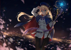 Rule 34 | 1girl, absurdres, artoria caster (fate), artoria caster (second ascension) (fate), artoria pendragon (fate), bad id, bad pixiv id, belt, beret, black pantyhose, blonde hair, blue belt, blue cape, blue hat, breasts, buttons, cape, closed mouth, double-breasted, dress, fate/grand order, fate (series), green eyes, hat, highres, hitomin (ksws7544), holding, holding staff, huge filesize, long hair, long sleeves, looking at viewer, multicolored cape, multicolored clothes, o-ring, o-ring belt, pantyhose, petals, red cape, smile, solo, staff, thighs, white dress
