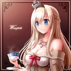 Rule 34 | 10s, 1girl, akisame rizu, blonde hair, blue eyes, braid, breasts, brown background, character name, crown, cup, dress, flower, french braid, jewelry, kantai collection, long hair, long sleeves, medium breasts, mini crown, necklace, off-shoulder dress, off shoulder, parted lips, red flower, red ribbon, red rose, ribbon, rose, saucer, solo, teacup, upper body, warspite (kancolle), white dress