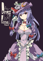 Rule 34 | 1girl, :/, adapted costume, aoi kujira, bow, breasts, bright pupils, cleavage, collarbone, crescent, crescent hair ornament, flower, hair bow, hair ornament, hat, hat flower, long hair, looking at viewer, patchouli knowledge, purple eyes, purple hair, solo, touhou, white pupils