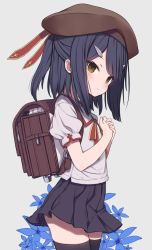 Rule 34 | 1girl, black hair, black skirt, black thighhighs, blush, brown bag, brown eyes, brown headwear, commentary request, copyright request, fate/kaleid liner prisma illya, fate (series), from side, gamuo, hair ornament, hairclip, highres, looking at viewer, medium hair, miyu edelfelt, puffy short sleeves, puffy sleeves, shirt, short sleeves, simple background, skirt, smile, solo, thighhighs, white shirt