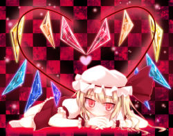 Rule 34 | 1girl, blonde hair, blush, bow, checkered background, dress, embodiment of scarlet devil, female focus, flandre scarlet, hat, hat bow, heart, jitome, lying, on stomach, razy (skuroko), red eyes, short hair, smile, solo, touhou, wings