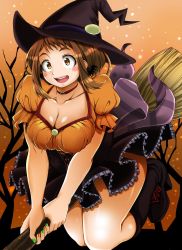 Rule 34 | 10s, 1girl, adahcm, blush, blush stickers, boku no hero academia, boots, bow, breasts, broom, brown eyes, brown hair, choker, cleavage, collarbone, corset, dress, earrings, frills, full body, halloween, halloween costume, hat, highres, jewelry, large breasts, looking at viewer, open mouth, puffy short sleeves, puffy sleeves, short hair, short sleeves, skirt, smile, solo, tree, uraraka ochako, witch, witch hat