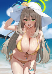 Rule 34 | 1girl, absurdres, arm up, bare shoulders, bikini, blue archive, blush, breasts, brown hair, cleavage, collarbone, commentary request, day, flower, front-tie bikini top, front-tie top, green eyes, green halo, hair between eyes, halo, halterneck, hat, hat flower, highres, large breasts, leaning forward, long hair, looking at viewer, navel, nonomi (blue archive), nonomi (swimsuit) (blue archive), official alternate costume, onedoo, open mouth, outdoors, rose, side-tie bikini bottom, sideboob, smile, solo, stomach, string bikini, sun hat, swimsuit, thigh gap, thighs, very long hair, water, wet, white hat, yellow bikini, yellow flower, yellow rose