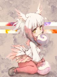 Rule 34 | 1girl, bird tail, bird wings, black hair, blush, commentary request, food, frilled sleeves, frills, fur collar, gloves, head wings, highres, japanese crested ibis (kemono friends), japari bun, japari symbol, kemono friends, kolshica, long sleeves, multicolored hair, neck ribbon, pantyhose, penny loafers, pleated skirt, red gloves, red hair, red pantyhose, ribbon, short hair, sidelocks, sitting, skirt, solo, tail, wariza, white hair, wings, yellow eyes
