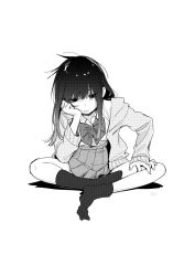 Rule 34 | 1girl, bow, bowtie, cardigan, closed mouth, collared shirt, commentary request, greyscale, head rest, highres, indian style, kawai makoto, long hair, long sleeves, monochrome, no shoes, original, pleated skirt, school uniform, shirt, simple background, sitting, skirt, socks, solo, white background, white shirt, wing collar