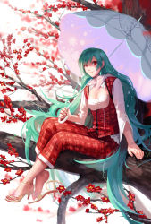 Rule 34 | 1girl, absurdly long hair, artist request, bad id, bad pixiv id, blouse, breasts, buttons, cleavage, fancybetty, flower, green hair, high heels, highres, iled, kazami yuuka, kazami yuuka (pc-98), long hair, looking at viewer, medium breasts, pants, plaid, plaid pants, plaid vest, red eyes, scarf, shirt, shoe dangle, smile, solo, touhou, touhou (pc-98), tree, umbrella, very long hair, vest