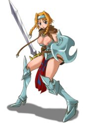 Rule 34 | 1girl, armor, blonde hair, blue eyes, boots, braid, breasts, cleavage, gloves, high heel boots, high heels, kikkawa kabao, knight, large breasts, leina (queen&#039;s blade), queen&#039;s blade, shield, solo, sword, twin braids, warrior, weapon