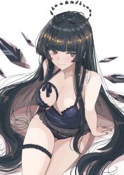 1girl absurdres alternate_breast_size alternate_costume arknights bare_shoulders black_eyes black_hair black_halo black_panties black_wings blue_camisole breasts bridal_garter camisole cleavage closed_mouth collarbone commentary_request from_above halo highres hime_cut ken_(shutenndouji1) large_breasts long_hair looking_at_viewer panties simple_background smile solo thighs underwear very_long_hair virtuosa_(arknights) white_background wings