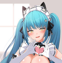 Rule 34 | 1girl, @ @, absurdres, animal ears, blue hair, blush, breasts, cat ears, drill hair, elbow gloves, fake animal ears, gloves, goddess of victory: nikke, heart, heart hands, highres, large breasts, light blue hair, long hair, maid, maid headdress, neck bell, official alternate costume, paw hair ornament, privaty (nikke), privaty (unkind maid) (nikke), solo, sweatdrop, twin drills, twintails, very long hair, white gloves, yellow eyes, yuyuchi (gyazaa)