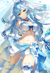 Rule 34 | 1girl, absurdres, adapted costume, bikini, bikini top only, blue hair, breasts, cleavage, elbow gloves, elf, gloves, highres, hololive, large breasts, long hair, looking at viewer, looking down, midriff, navel, pointy ears, scottie (phantom2), skindentation, solo, swimsuit, thighhighs, underboob, veil, virtual youtuber, white bikini, white gloves, yellow eyes, yukihana lamy