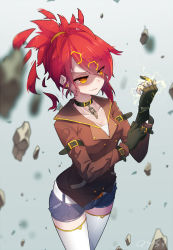 Rule 34 | 1girl, adjusting clothes, adjusting gloves, ahoge, black gloves, blurry, blurry background, breasts, brown jacket, chain, cleavage, collarbone, earrings, electricity, eyes visible through hair, gloves, highres, jacket, jewelry, long sleeves, medium breasts, original, ponytail, qys3, red hair, revision, shorts, smile, solo, standing, thighhighs, tian ling (qys3), white thighhighs, yellow eyes