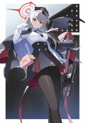 Rule 34 | 1girl, absurdres, bag, bag charm, black hat, black jacket, black necktie, black skirt, blue archive, braid, breasts, charm (object), commentary, eruthika, grey hair, gun, hair between eyes, halo, haruna (blue archive), hat, highres, holding, holding gun, holding weapon, jacket, jacket on shoulders, long hair, long sleeves, looking at viewer, medium breasts, nail polish, necktie, pantyhose, red eyes, red nails, short necktie, side braid, single wing, skirt, solo, symbol-only commentary, weapon, wings