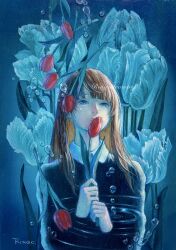 Rule 34 | 1girl, air bubble, black shirt, blue eyes, brown hair, bubble, collared shirt, commentary request, flower, highres, holding, holding flower, long hair, looking afar, oil painting (medium), original, painting (medium), red flower, ringodrawing, ripples, shirt, solo, surreal, traditional media, tulip, underwater, upper body, water