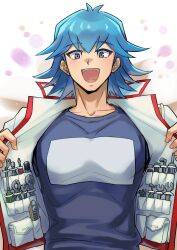 Rule 34 | 1boy, absurdres, blue hair, blue shirt, boxcutter, bruno (yu-gi-oh!), grey eyes, happy, highres, jacket, male focus, open clothes, open jacket, open mouth, pocket, screwdriver, shirt, short hair, simple background, smile, solo, t-shirt, tools, upper body, utility vest, white jacket, wrench, youko-shima, yu-gi-oh!, yu-gi-oh! 5d&#039;s