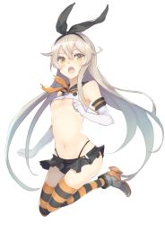 Rule 34 | 10s, 1girl, alternate color, blonde hair, breasts, colored eyelashes, elbow gloves, gi (melmail), gloves, hairband, highleg, highleg panties, kantai collection, long hair, navel, open mouth, panties, shimakaze (kancolle), skirt, small breasts, solo, striped clothes, striped thighhighs, thighhighs, underboob, underwear