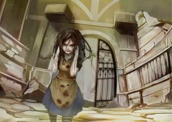 Rule 34 | 1girl, alice: madness returns, alice (alice in wonderland), alice in wonderland, alice liddell (american mcgee&#039;s alice), american mcgee&#039;s alice, american mcgee's alice, apron, bad id, bad pixiv id, blood, brown eyes, brown hair, cuts, deep wound, dress, gate, gura (kmj), highres, injury, pantyhose, solo, striped clothes, striped pantyhose