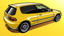 Rule 34 | car, commentary request, from behind, highres, honda, honda civic, license plate, motor vehicle, no humans, original, shadow, simple background, tail lights, vehicle focus, yellow background, yellow theme, yuh 7929