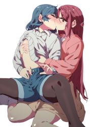 Rule 34 | 2girls, black legwear, blue hair, blush, breasts, brown eyes, brown skirt, closed eyes, clothes lift, commentary, couple, denim, denim shorts, ecoman, grabbing, grabbing another&#039;s breast, highres, kiss, lifting another&#039;s clothes, long hair, long sleeves, love live!, love live! sunshine!!, multiple girls, navel, open fly, pantyhose, pink shirt, red hair, sakurauchi riko, shirt, shorts, simple background, skirt, small breasts, socks, sweat, sweater, sweater lift, symbol-only commentary, tsushima yoshiko, white background, white legwear, white sweater, yuri