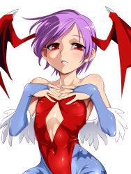 Rule 34 | animal print, bad id, bad nijie id, bare shoulders, bat print, bat wings, blue pantyhose, breasts, bridal gauntlets, commentary request, covered erect nipples, covered navel, funnyari, hands on own chest, head wings, leotard, lilith aensland, lips, looking at viewer, pantyhose, parted lips, print legwear, purple hair, red eyes, red leotard, shiny clothes, shiny skin, short hair, simple background, small breasts, teeth, vampire (game), white background, wings