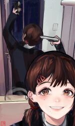 Rule 34 | 1girl, artist name, at gunpoint, black jacket, blush, brown eyes, brown hair, cellphone, chainsaw man, collared shirt, commentary, different reflection, english commentary, finger on trigger, grin, gun, gun to head, hair ornament, hair scrunchie, hairclip, handgun, higashiyama kobeni, highres, holding, holding gun, holding phone, holding weapon, indoors, jacket, long hair, long sleeves, looking at phone, looking at viewer, low twintails, mirror, mole, mole on cheek, mole under eye, mole under mouth, open mouth, phone, piro (piropoi), pointing, pointing at self, pointing gun, pointing weapon, reflection, reversed hand, reversed hands, school uniform, scrunchie, selfie, shirt, short hair, signature, smartphone, smile, solo, taking picture, teeth, twintails, weapon, white shirt