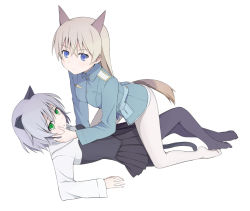 Rule 34 | 00s, 2girls, animal ears, bad id, bad pixiv id, black pantyhose, blue eyes, cat ears, couple, eila ilmatar juutilainen, girl on top, green eyes, hand on another&#039;s cheek, hand on another&#039;s face, long hair, looking at viewer, lying, multiple girls, nnyu, no shoes, on back, pantyhose, pleated skirt, sanya v. litvyak, short hair, skirt, straddling, strike witches, tail, white background, white pantyhose, world witches series, yuri