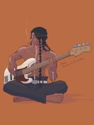 Rule 34 | 1boy, absurdres, barefoot, belt, black hair, black pants, blue eyes, bodypaint, braid, brown background, cigarette, dark skin, electric guitar, english text, fate/grand order, fate (series), geronimo (fate), guitar, gunojigunoji, headband, highres, holding, holding instrument, indian style, instrument, long hair, looking to the side, male focus, native american, navel, pants, profile, simple background, sitting, smile, smoke, smoking, solo, topless male, very long hair, white belt