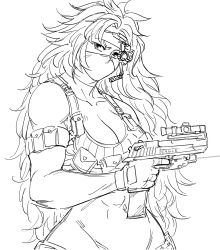 Rule 34 | 1girl, abs, arm pouch, arm strap, bad id, bare shoulders, bb (baalbuddy), belt pouch, big hair, breasts, cleavage, commentary, covered mouth, cowboy shot, curly hair, english commentary, fingerless gloves, gloves, greyscale, gun, head tilt, headband, highres, holding, holding gun, holding weapon, inactive account, large breasts, laser pointer, laser sight, long hair, looking at viewer, mask, microphone, monochrome, mouth mask, muscular, muscular female, navel, pouch, queen&#039;s blade, risty (queen&#039;s blade), risty (queen's blade), scope, simple background, solo, tank top, trigger discipline, very long hair, weapon, white background, wilderness bandit risty