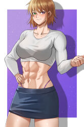 Rule 34 | 1girl, abs, absurdres, anego (lv1 maou to one room yuusha), blonde hair, blush, breasts, collarbone, crop top, fax61209, green eyes, hand on own hip, highres, long sleeves, lv1 maou to one room yuusha, medium breasts, medium hair, miniskirt, muscular, muscular female, navel, purple background, purple eyes, shirt, skirt, thick thighs, thighs, white shirt