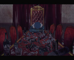 Rule 34 | alcohol, ambiguous red liquid, axis powers hetalia, bottle, broken glass, chair, cigarette pack, coin, darkness, glass, glass shards, hat, highres, holding, holding bottle, looking down, military, military hat, military uniform, pill, russia (hetalia), scarf, syringe, throne, torn curtains, uniform, vodka, ymgr64