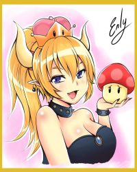Rule 34 | 1girl, artist name, bare shoulders, black eyes, black nails, blonde hair, blue eyes, blush, border, bowsette, breasts, cleavage, collar, crown, earrings, fang, female focus, hand up, happy, highres, holding, horns, jewelry, jpeg artifacts, looking at viewer, mario (series), medium breasts, mushroom, nail polish, new super mario bros. u deluxe, nintendo, noboru revista, open mouth, pink background, pointy ears, ponytail, shiny skin, signature, simple background, smile, solo, spiked collar, spikes, strapless, super crown, upper body, yellow border