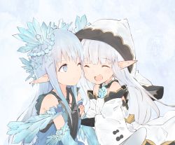 Rule 34 | 2girls, :d, ^ ^, armlet, bare shoulders, blue eyes, blue flower, blue hair, blue rose, blunt bangs, blush, bridal gauntlets, closed eyes, commentary request, crystal, detached sleeves, dress, erin (granblue fantasy), flower, granblue fantasy, hair ornament, highres, hood, lily (granblue fantasy), long hair, multiple girls, one eye closed, ooyama imo, open mouth, pointy ears, rose, smile, white dress