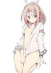 Rule 34 | 10s, 1girl, arm support, bad id, bad twitter id, blouse, blush, breasts, brown eyes, hachimaki, headband, high ponytail, japanese clothes, kantai collection, light brown hair, long hair, looking at viewer, nanasuke, no bra, open clothes, open shirt, ponytail, seiza, shirt, sitting, small breasts, solo, zuihou (kancolle)
