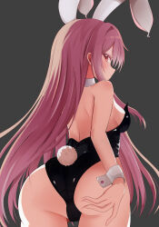 Rule 34 | 1girl, absurdres, animal ears, ass, atory, black background, black leotard, breasts, cowboy shot, from behind, highres, leotard, long hair, looking at viewer, looking back, medium breasts, playboy bunny, purple hair, rabbit ears, rabbit girl, rabbit tail, red eyes, reisen udongein inaba, simple background, solo, tail, touhou