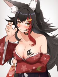Rule 34 | 1girl, absurdres, alternate costume, animal ear fluff, animal ears, bare shoulders, black collar, black hair, body writing, breasts, cleavage, closed mouth, collar, commentary, floral print, grey background, highres, hololive, japanese clothes, kimono, large breasts, long hair, looking at viewer, micon, multicolored hair, new year, ookami mio, print kimono, red hair, red kimono, simple background, solo, streaked hair, symbol-only commentary, tail, virtual youtuber, wolf ears, wolf girl, wolf tail