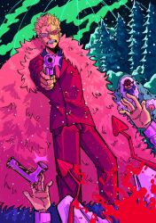 Rule 34 | 3boys, beard, blonde hair, blood, bloody tears, blue coat, brothers, bugsinmyhoney, clenched teeth, coat, death, donquixote doflamingo, donquixote rocinante, earrings, facial hair, falling, feather coat, feet out of frame, firing, formal, gun, highres, holding, holding gun, holding weapon, jewelry, male focus, multiple boys, one piece, pants, pine tree, pink coat, red pants, red suit, short hair, siblings, smile, snowing, suit, sunglasses, teeth, trebol, tree, weapon, winter