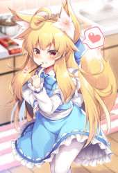 Rule 34 | 1girl, ahoge, animal ear fluff, animal ears, blonde hair, blurry, blurry background, blush, dress, food, fox ears, fox tail, frilled dress, frills, heart, highres, long hair, mouth hold, original, pantyhose, pocky, red eyes, roshin, solo, spoken heart, tail, valentine, white pantyhose