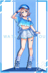 Rule 34 | 1girl, absurdres, alternate hair color, anchor symbol, arm up, bandaid, blue footwear, blue hair, blue headwear, blue nails, blush, boots, brown hair, character name, choker, closed mouth, collarbone, dangle earrings, earrings, full body, grey shorts, hair ornament, hairclip, highres, jewelry, kuntze, looking at viewer, love live!, love live! sunshine!!, multicolored hair, navel, salute, short hair, shorts, smile, solo, watanabe you, white leg warmers