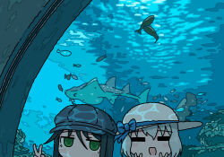 2girls =_= aquarium blue_ribbon closed_eyes commentary double_v emesan_desu facing_viewer fish green_eyes grey_hat hands_up hat hat_ribbon highres jitome looking_at_viewer multiple_girls open_mouth original peaked_cap ribbon symbol-only_commentary v water