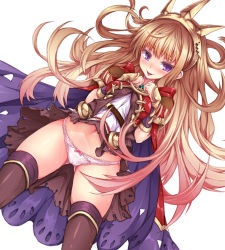 Rule 34 | 10s, 1girl, :p, blonde hair, blush, bow, bow panties, cagliostro (granblue fantasy), cape, clothes lift, crown, granblue fantasy, korican, long hair, panties, purple eyes, skirt, skirt lift, solo, thighhighs, tongue, tongue out, underwear