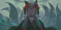Rule 34 | 1girl, absurdres, androgynous, animal ears, bare shoulders, black nails, bridal gauntlets, collarbone, fingernails, flower, fox ears, fox tail, green background, green kimono, hair flower, hair ornament, hands up, highres, japanese clothes, jewelry, kimono, kitsune, long hair, nail polish, orange eyes, original, parted lips, purple flower, red flower, red lips, rinfu (rinfu13), ring, sharp fingernails, solo, tail, teeth, three monkeys, torii, upper body, wide sleeves