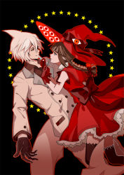 Rule 34 | 1boy, 1girl, black background, black gloves, black shirt, black thighhighs, blazer, braid, brown hair, closed mouth, collared shirt, dark persona, eye contact, fins, fish tail, fork, formal, from side, funamusea, gloves, holding, holding fork, holding knife, jacket, knife, long hair, long sleeves, looking at another, low twintails, majiang, oounabara to wadanohara, outline, outstretched arm, parted lips, profile, red eyes, red gloves, red shirt, red skirt, sailor collar, shark tail, shirt, short hair, skirt, sleeveless, sleeveless shirt, smile, spoilers, star (symbol), suit, syake (funamusea), tail, thighhighs, twin braids, twintails, wadanohara, white hair, wing collar