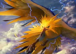 Rule 34 | absurdres, bird, closed mouth, cloud, commentary request, creatures (company), day, electricity, feathered wings, feathers, game freak, gen 1 pokemon, highres, huge filesize, legendary pokemon, looking to the side, nintendo, no humans, outdoors, pokemon, pokemon (creature), sky, solo, talons, teru sakura, wings, zapdos