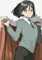 Rule 34 | 1boy, black hair, black necktie, brown pants, cape, closed mouth, fate/zero, fate (series), frown, fur-trimmed cape, fur trim, grey eyes, grey sweater, highres, holding, holding cape, holding clothes, long sleeves, looking at viewer, male focus, necktie, pants, shirt, short hair, solo, sweater, tokoni fusu, waver velvet, white shirt