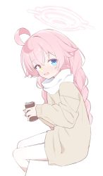 Rule 34 | ahoge, bare legs, blue archive, blue eyes, braid, can, canned coffee, coffee, drink can, fang, halo, heterochromia, highres, holding, holding can, hoshino (blue archive), long hair, long sleeves, looking at viewer, pink hair, scarf, sitting, sweater, twin braids, urotsuki (2013.04), very long hair, yellow eyes