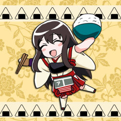 Rule 34 | 10s, 1girl, ^ ^, akagi (kancolle), black hair, blush stickers, chibi, chopsticks, closed eyes, holding, kantai collection, long hair, looking at viewer, muneate, open mouth, outstretched arms, rice bowl, smile, solo, spread arms, tk8d32
