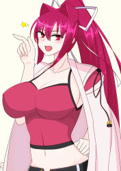 Rule 34 | 1girl, absurdres, belt, breasts, camisole, cleavage, collarbone, cowboy shot, fang, hair intakes, hair ribbon, high ponytail, highres, jacket, jacket on shoulders, large breasts, long hair, midriff, navel, open mouth, purple eyes, purple hair, red camisole, ribbon, simple background, solo, star (symbol), tomo (bacantshift1st), transparent background, tsu-mo3, under night in-birth, very long hair, white background, yuzuriha (under night in-birth)